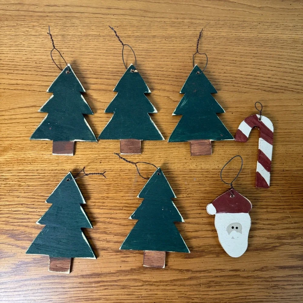 Handmade Christmas Ornaments Set of‎ 7 Trees Santa Candy Cane Wood Rustic Charm